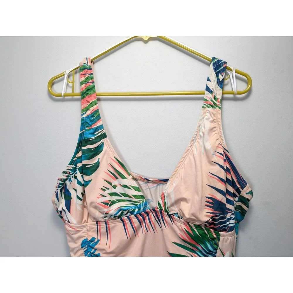 Liz Claiborne Tropical Palm Print Tankini Top Peach Pink Blue Green Size 16